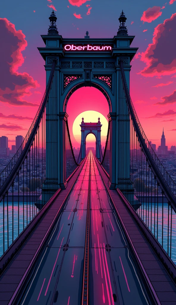    when sunset is coming, Oberbaum Bridge berlin  with beautiful view, with the big bridge - bird view, rendered with detailed comic cartoon style, neon lights, miami vice vibes
