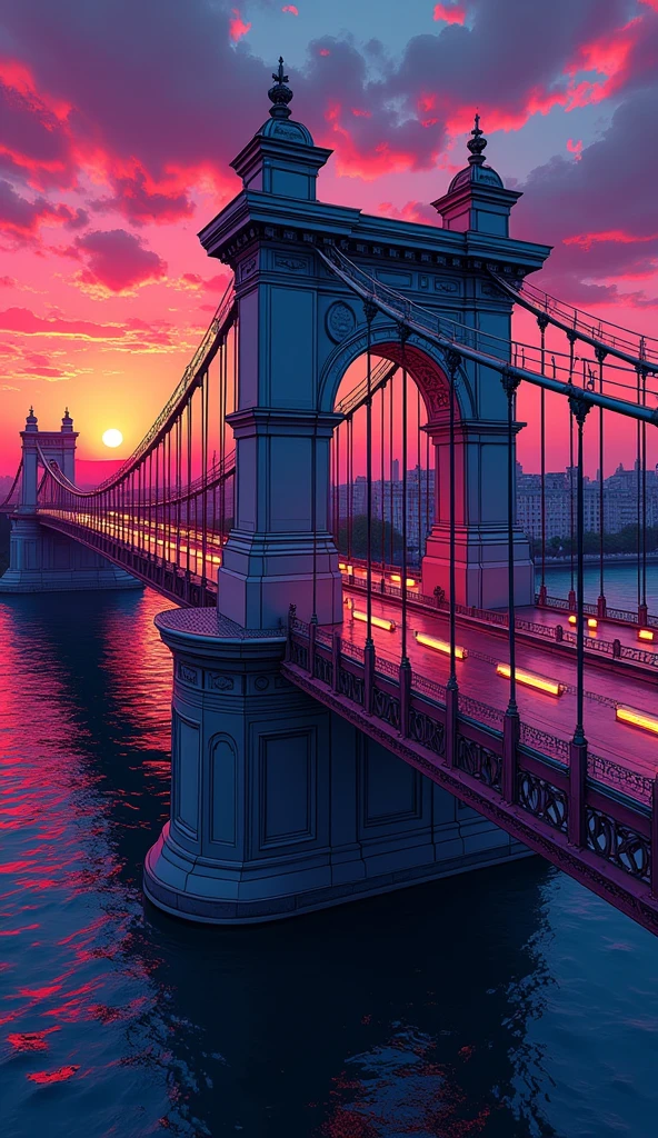 when sunset is coming, Oberbaum Bridge berlin with beautiful view, with the big bridge - bird view, rendered with detailed comic cartoon style, neon lights, miami vice vibes