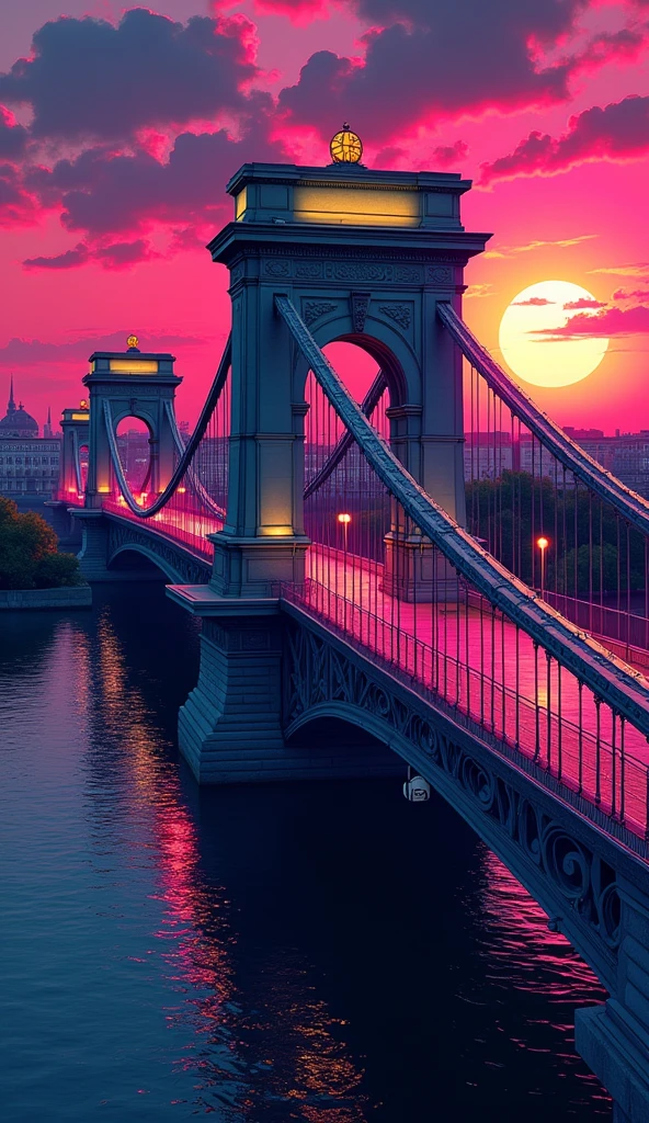 when sunset is coming, Oberbaum Bridge berlin with beautiful view, with the big bridge - bird view, rendered with detailed comic cartoon style, neon lights, miami vice vibes