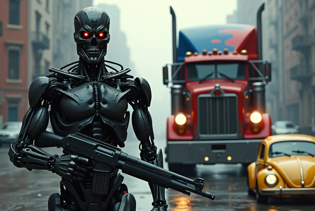 in the foreground is Arnold Schwarzenegger as Terminator T800, one of Arnold&#39;s eyes glows like a red LED, Arnold holds a 12 gauge shotgun, He stands next to Optimus Prime as an old red and blue 1987 Freightliner COE truck., the truck&#39;s paint simulates fire stains in blue and red colors, on the other side there is an old yellow Beetle with its headlights on, lens flare effect, Raby, lens flares, reflection on the floor,  the image is as realistic as a mirror, extremely realistic size ratio