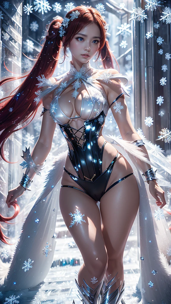 ((Top Quality, Masterpiece: 1.3)), photorealistic, extremely detailed CG unity 8k wallpaper, Depth of field, Cinematic Light, Lens Flare, fashion model 2, (extremely beautiful face, beautiful lips, beautiful eyes), (intricate detail face), ((ultra detailed skin)), I see Ultra Instinct surrounded by a purple aura and lightning (((full body shot))), Draw moving ice flames, [[chest]], neck, [[bodysuit lacy lace-upp]], [shoulders], all feet and breasts shod in armor of silver glass, and cristals (corset), twintails asymetrical long ((red hair)), 1Girl (beautiful crop top), (medium bust:1.8), (narrow waist, slanderous legs), perfect proportions, perky , (glaring ice eyes:1.6), The drawn enchanted fantasy land is frosty, with flying pieces of ice floating in the air and glowing energy crystals. this environment in the mist and magical vortex of thousands of ambient light elements, light reflections, including the environment (ice and crystals) glowing in the air. The girl's armor is made of silver glass, which absorbs the magical energy of the environment and releases it in the form of bright light. In this fantastic area there is a great spirit dragon (length: 125 m) and a thick one surrounding this fantastic masterpiece with all its greatness, illuminated accessories. This fantastic land is inhabited by a large flying serpent dragon with wings surrounding this fantastic masterpiece with all its wonderful accessories. The dragon-beast lies on the ice facing the viewer. The image of this fantasy land is shrouded in powerful, ((glowing light)), cristal sword, extremely detailed artgerm, beautiful elegant demon queen, (oli face: 1.3), (snowflakes:1.8), ray tracing, (sparkle:1.8), UHD, (shiny:1.5), (light reflections:1.3), (crisp:1.7), Fujicolor, cinematic lighting
