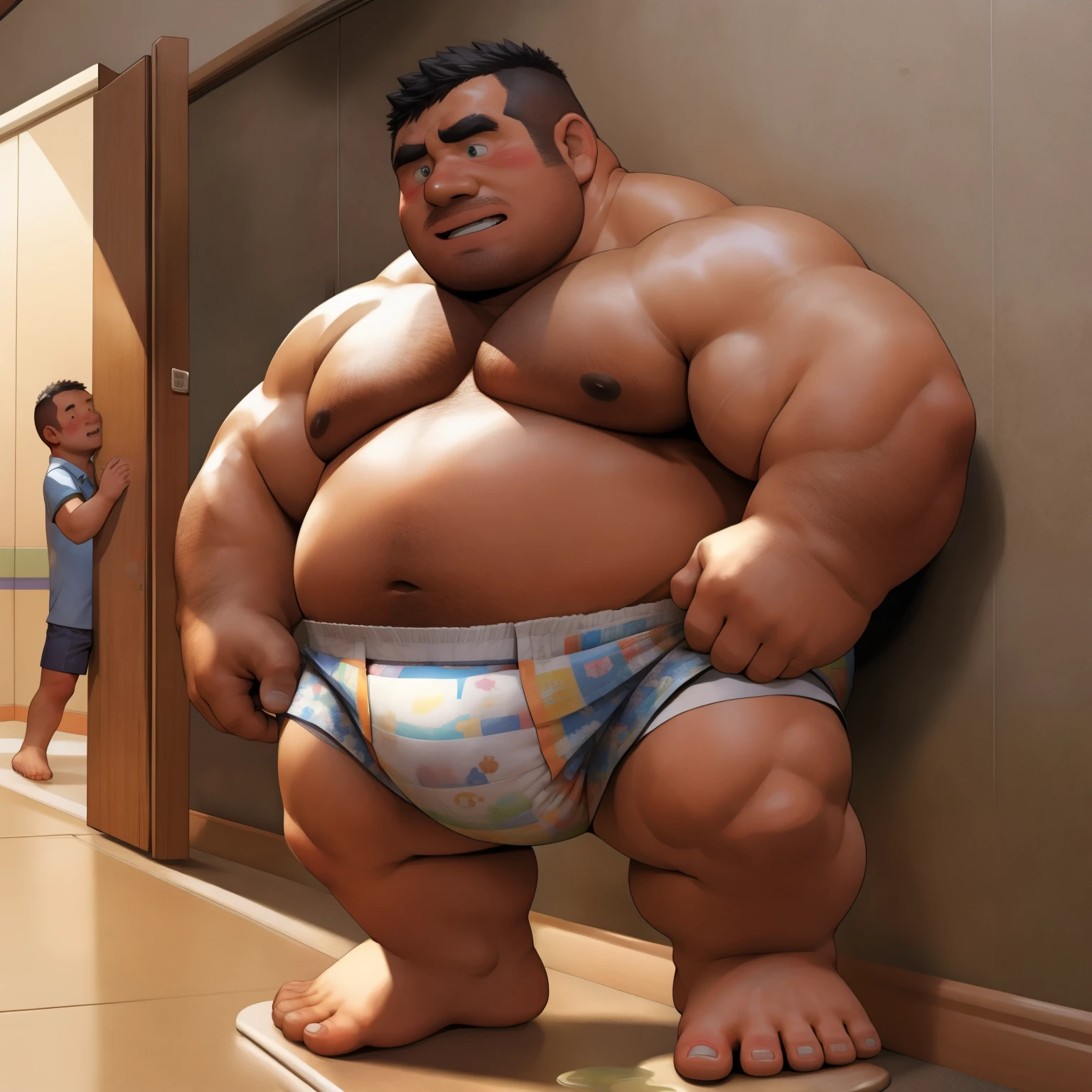 masterpiece, Top quality, in 32K, perfect anatomy, hyper detailed, super fine illustration, The thick man is a brutal prisoner, retarded, hairy, human, 50yo in japan, (fatness: 1.0), Fatty muscle, Bowleg, disappointment, incontinent, be diaper check by children, There is a small puddle under him, Naked, short legs, Bowleg, spread legs, wear a White cloth Diaper, Bare belly, Bare legs, Bare foots, Bare soles, Shirtless, wide forehead and short thinning hair, Man with round  face with stubble, Bare foots, Bare soles, shy, sissy, Weaker than children, Drool, Round face, He enters  and is despised by children, He is made to stand attention in the corner of the playroom, corner time, He surrounded by children, Bare foots, big butt, White Diaper, sobbing, There is a small puddle under him