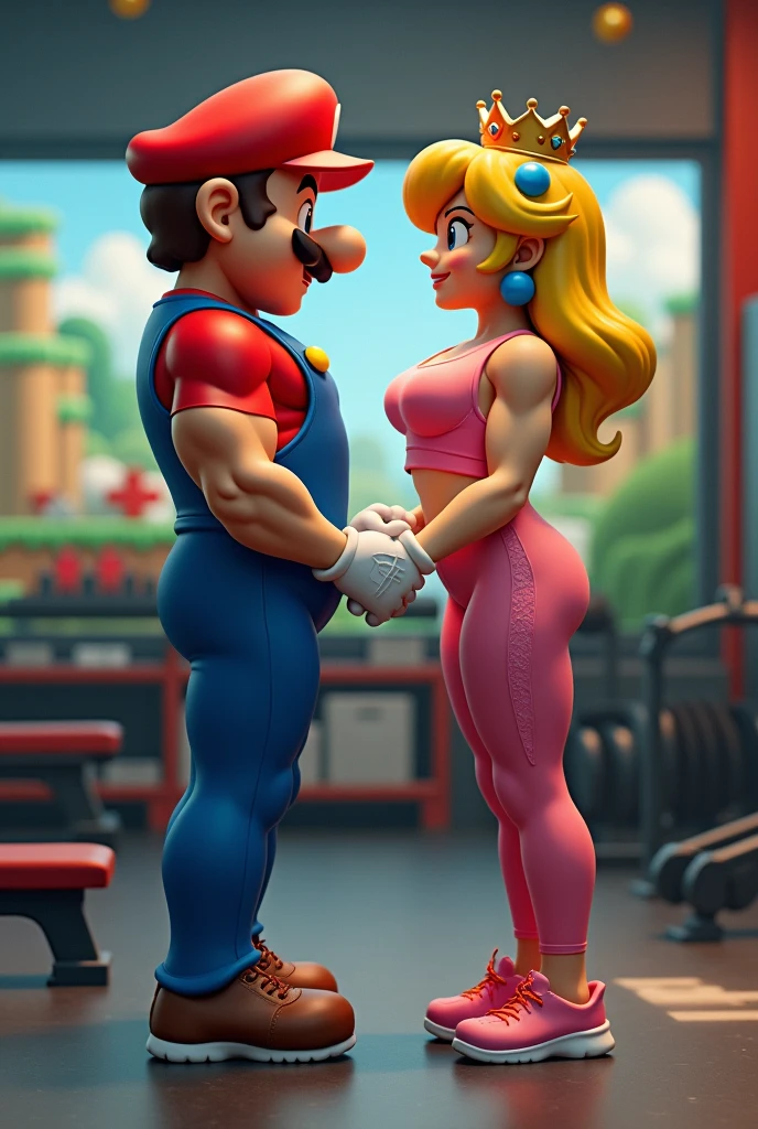 Mario Bros and Peach in fit clothes training weights in a gym set with a landscape of the skins of the video game and they look very much in love 