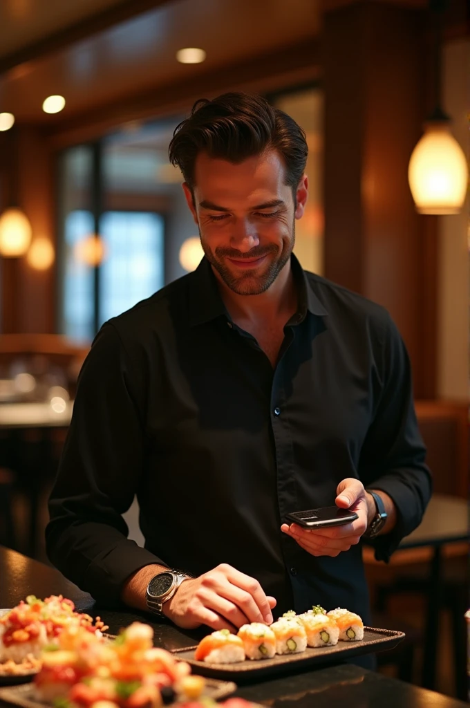 Homme brun sexy entrain de commander des sushis pour le dîner 