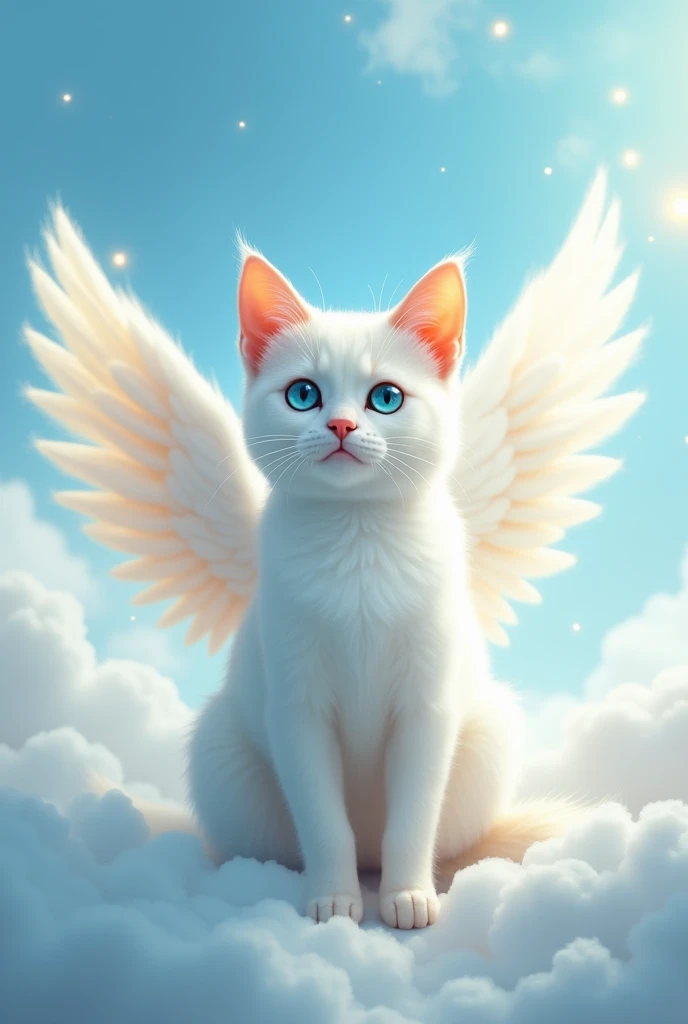 Short-haired white cat with light blue eyes with angel wings in the sky with details on the adult orange face.