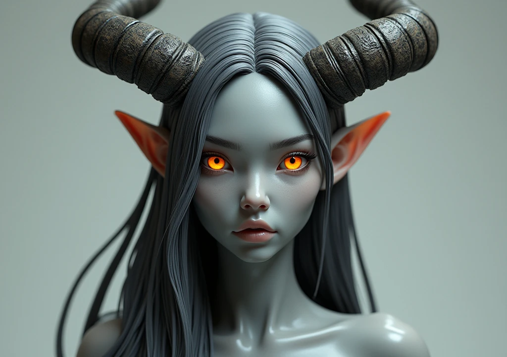 mulher pele cinza, forteCreate a highly detailed image of a tall female figure standing at 1.8 meters, with a strong and robust body that retains human anatomy. Her skin is a smooth, solid gray, giving her an otherworldly appearance. She has pointed ears and striking orange eyes that stand out against her skin tone. Her long hair is intertwined with a resin that appears to mold and form tribal-style horns emerging from her head, blending seamlessly with her hair. The overall look is powerful yet elegant, with her physique and features fully visible and highlighted against the background, ensuring she is the central focus of the image.