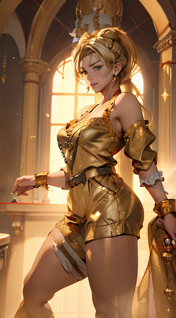 ((high detailed, best quality, 4k, masterpiece, hd:1.3)), ((best quality)), (((HD))), (((8k))), (ultraDH), (ultra HD), Queen Marika the Eternal, standing T-pose, bare feet, long ponytail golden blonde hair, golden colored eyes, small breasts, wearing Elden Ring crown, wearing tight Queen Marika Dress, holding Gavel, gorgeous curvatious feminine body, full-body picture, soft smile, juicy thick thighs out, (Queen Marika outfit:1.8), (divine hottie:1.5), (breasts focus), (golden blonde ponytail:1.8), (small breasts:1.3), (from front:1.3), (from abovee:1.1), (shoulders out:1.3), (thighs out:1.3), (breast out:1.3), (off shoulder:1.2), (heavy colorful makeup), (perfect hands, perfect anatomy), Altus Plateau from Elden Ring, Erdtree in Background