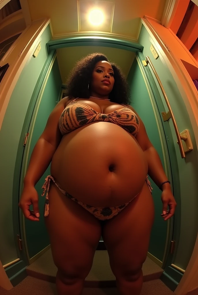 Pov close up fisheye camera view when you are trapped in a small room and when Cardi B&#39;s plus size fat mother approaches you wearing a bikini with a big belly when she is 9 months pregnant accompanied by bright lights. Hd 14K, Photorealistic, iphone camera style, highly shapering, high detailed, masterpiece, fujifilm