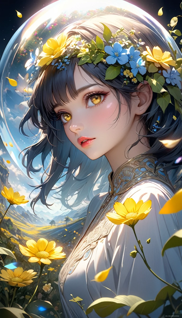 Rape flower landscape, bright canvas, The petals are fluttering, Transparent holographic reflection, A surreal landscape made of flower petals, Leaves viewers speechless, A beautiful world, 1 Uzbek woman, detailed eyes, Yellow eyes, detailed lips, very detailed face, long eyelashes, Beautiful and detailed portraits, elegant, tranquil expression, spring, high quality, 8k, realistic, surrealist, studio lighting, Physically Based Rendering, vivid colors, movie lights, dramatic lighting, soft lighting, dramatic contrast, clear, ethereal, dreamlike, mysterious, magical, fancy, concept art