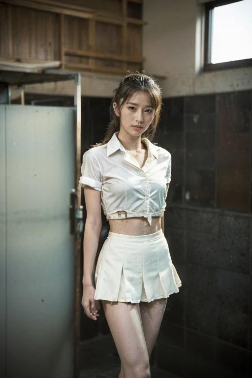 Retro Photography,((The style of Japanese films in the 1990s)), (Extreme details ,Original Photography, best quality), (Exquisite light and shadow, Very dramatic picture, Movie lens effects),((Reality:1.3)),Photography Art, Stunning beauty,A woman, School, Standing in a public shower, Complex student uniforms,Long legs,Short skirt
