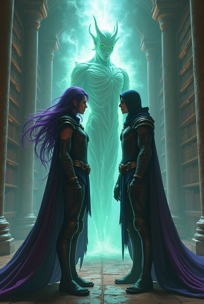 sexy bad man warrior with purple-black hair and electric green eyes, thin armor and a hood in a magical library, arguing heatedly with an ancient spirit