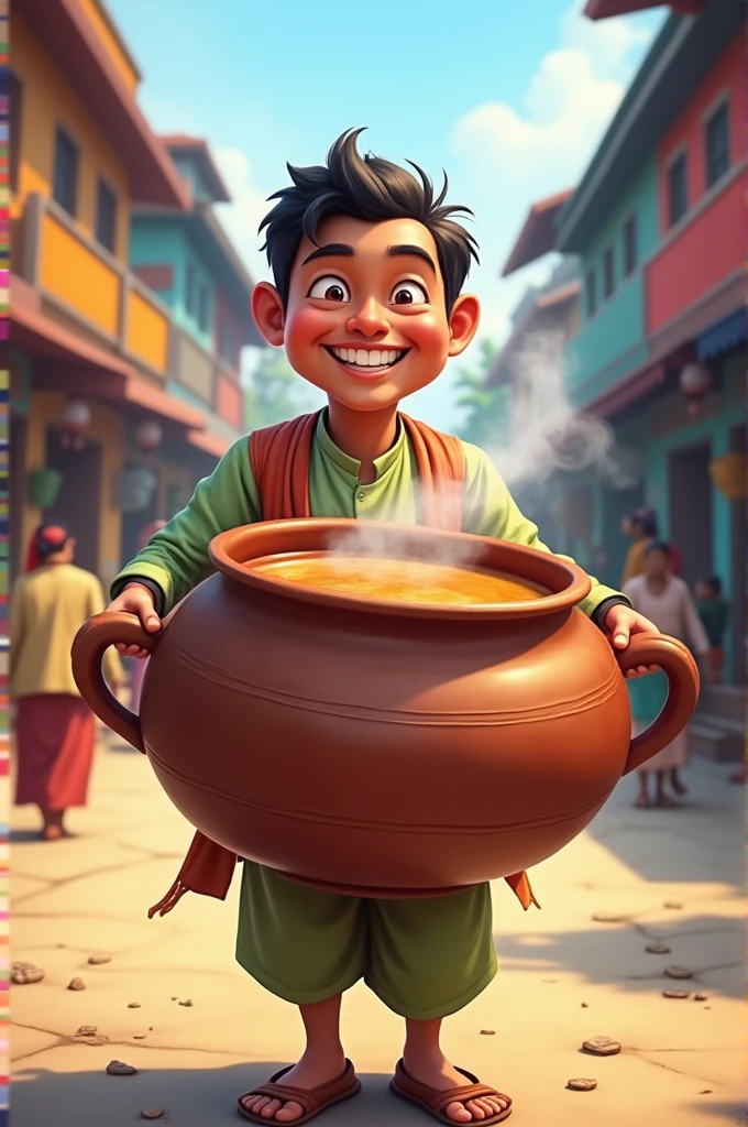 Hello I want to create funny ai photo where Nepali man will be carrying Chiya in big matka cup with laugh