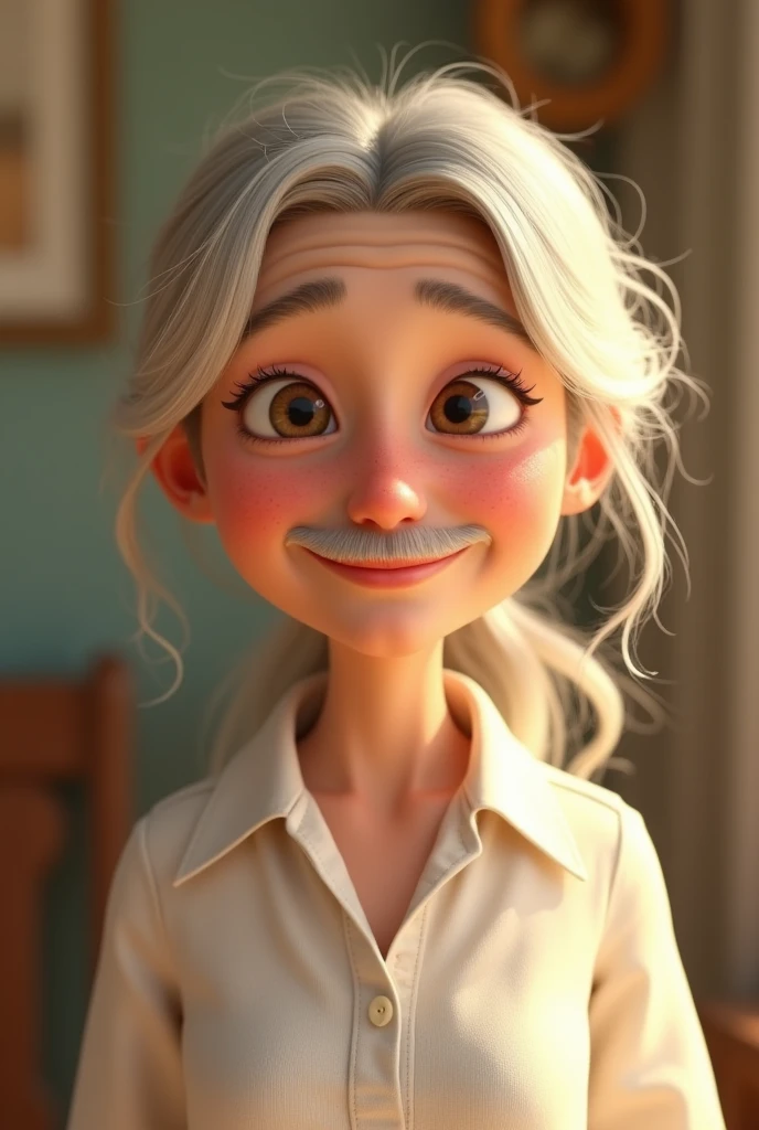 Imagem estilo pixar com 3D personagem offwhite óculos mulher mais velha loira, offwhite, loose hair, only mustache up, Disney makeup, fisherman, cute, smiling ,close up, pixar, Disney, Cinema lighting,