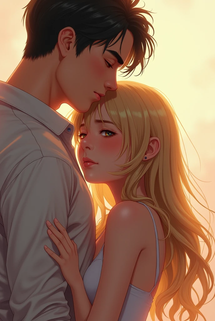 beautiful slim girl with long blond hair. girl leans on the shoulder of a guy with short black hair. girl has a sprained ankle. You can see pain on her face.
