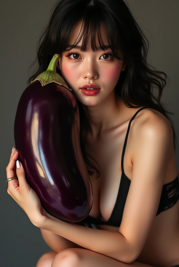 Sex hard Korean women. holding a big eggplant. Sex expression. pretty face. Glazed eyes.