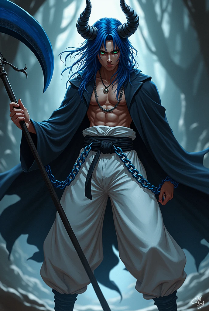 anime boy (dark fantasy) with blue dreads, green eyes, brown skin, black horns and a black cloak and white martial arts pants with blue chains around him as he holds a blue scythe (full body)