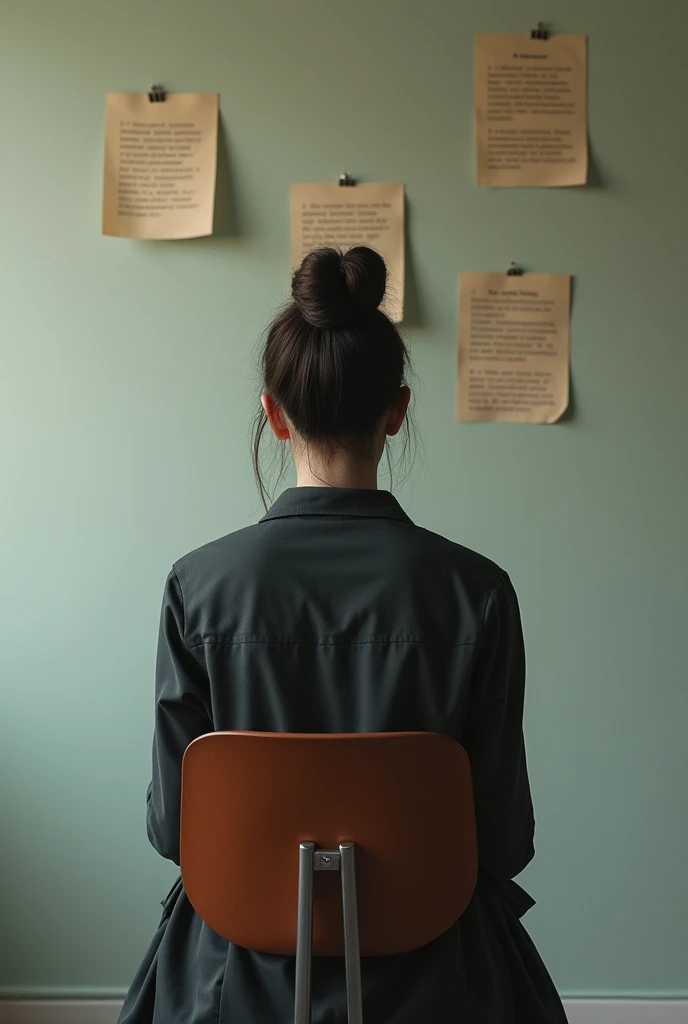 (photorealism:1.2), woman sitting on a chair, facing a wall. On the wall there are three papers stuck around the woman.