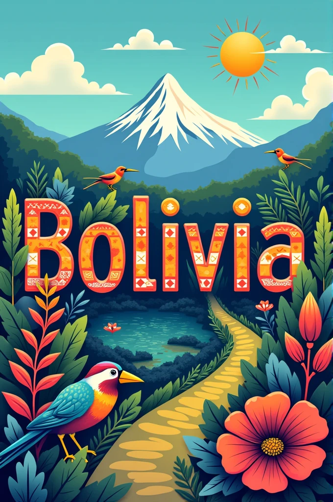 A logo with the word Bolivia that reflects the culture, traditions, colors, the flora and fauna along with its diversity, that gives the impression that 'Bolivia is waiting for you'