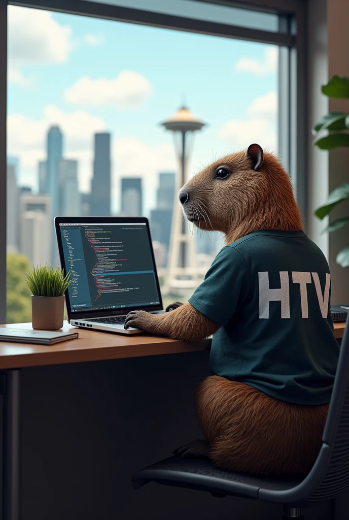 I want a capybara that looks like a real capybara (that is in seattle - WA) developing a software using a t-shirt with letters HTV on the back. On the window it's possible to see seattle