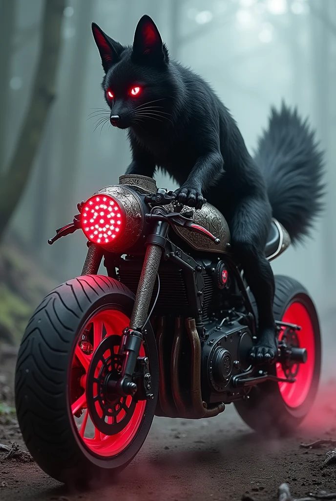 Create a black and red furred kitsune with a cursed large motorcycle.