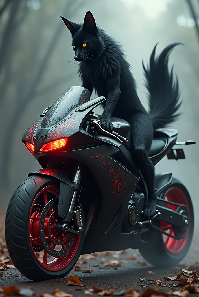 Create a black and red furred kitsune with a cursed large motorcycle.
