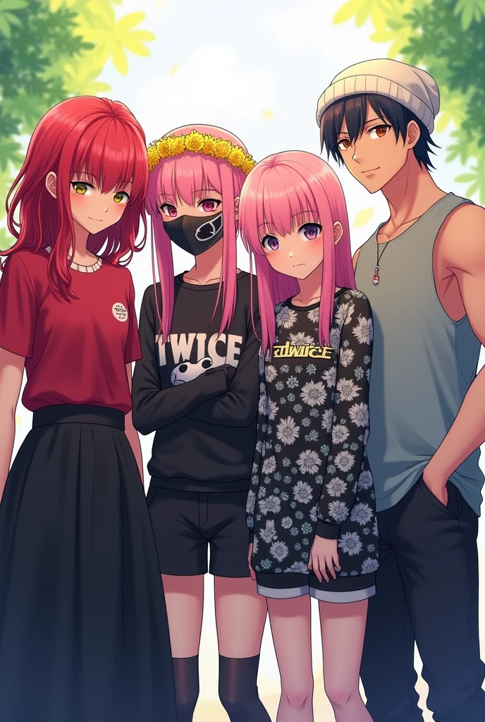 2 girls and 2 guys in anime character in 1 frame

1 girl dress up as emo red hair with red shirt and black long skirt 

another 1 girl dress up as pink hair girl with yellow flowers crown and kpop's TWICE merch

another 1 guy dress up as emo black hair,have black mask that covered his face and white black pattern on his long sleeve shirt

1 guy dress up as sleeveless grey shirt with white hair and a white binie.He has white skin,white as fair as snow,has abs and bicep

4 PEOPLE IN TOTAL,MAKE THEM ALL THE SAME HEIGHT,170CM

they all in anime character and they all 4 of them