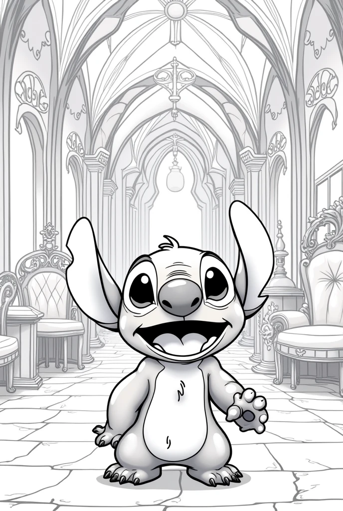 create a black and white image to color of disney stitch in your castle