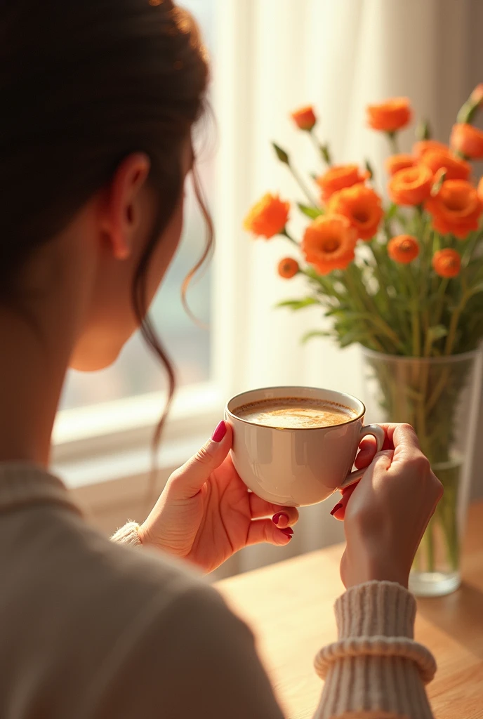 A brunette woman's hand holding a cup of coffee.With the background of the image very clear and with some flowers on the wall.Remake the same image without showing face.