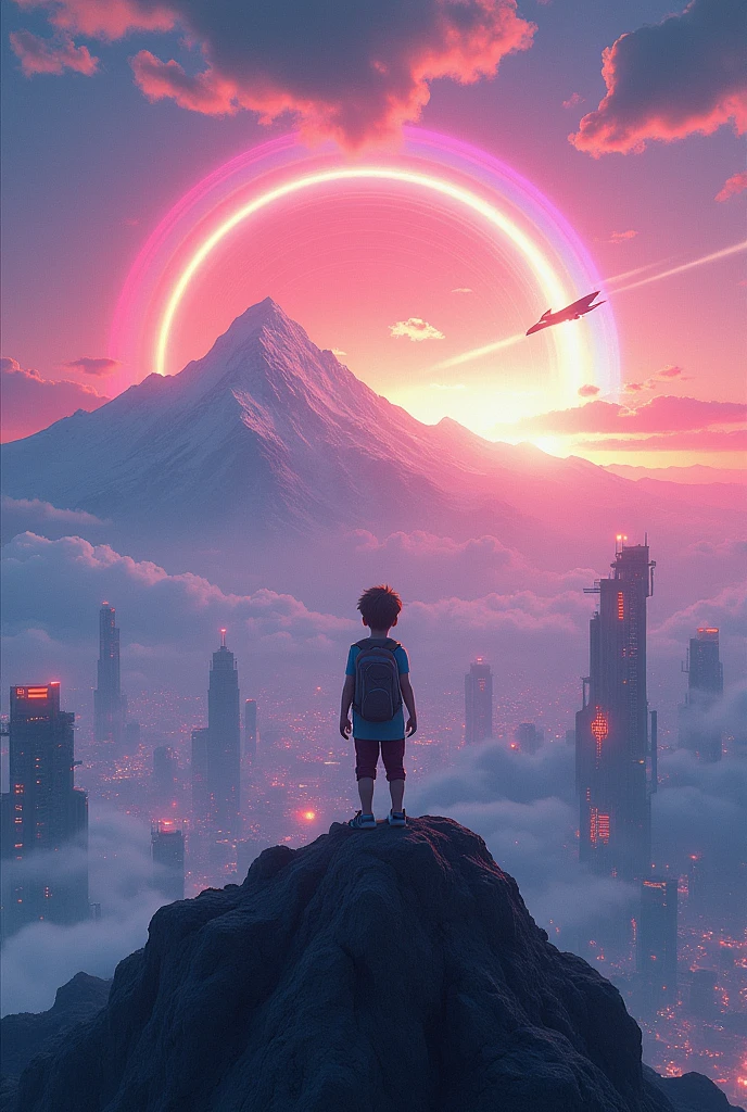 ((high quality)),((best image )), ((high rated refresh rate image)),((cyber punk City)), back side cloud a boy standing on Mount Everest sky are visible , day light rainbow show on the picture back side , flying a kite and aeroplain