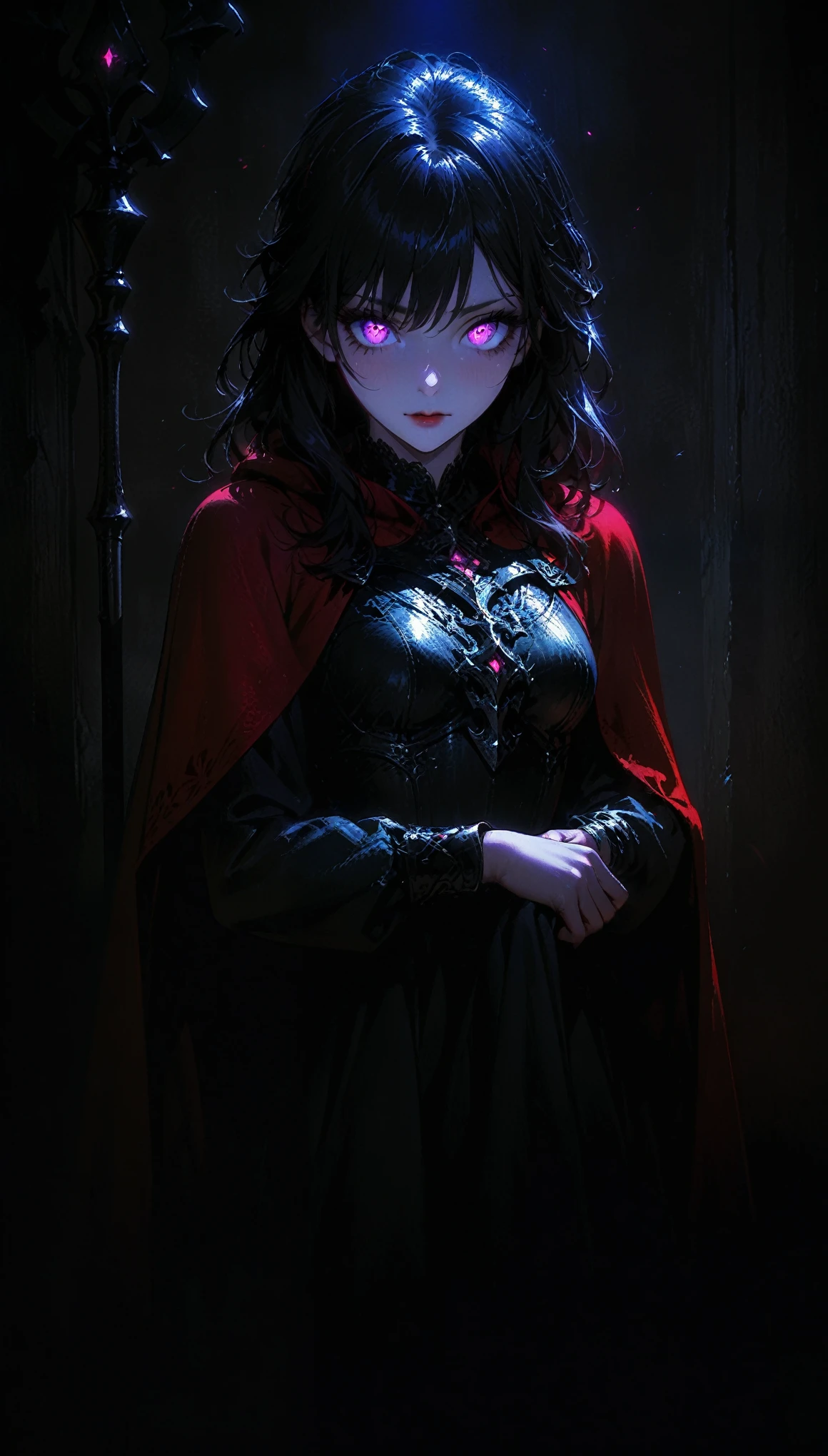 (full body portrait), 1girl, solo, holding weapon, staff, (long black hair), detailed face, mischief expression, pale white skin, pink eyes, (detailed eyes), long eyelashes, black eye liner, red lipstick, black tunic, red cloak, long dress, leather glove, (chest armor), moonlight, hard lighting, blue light, cold light, (medieval theme), (masterpiece), super detailed, best quality, POV, dw01-3400