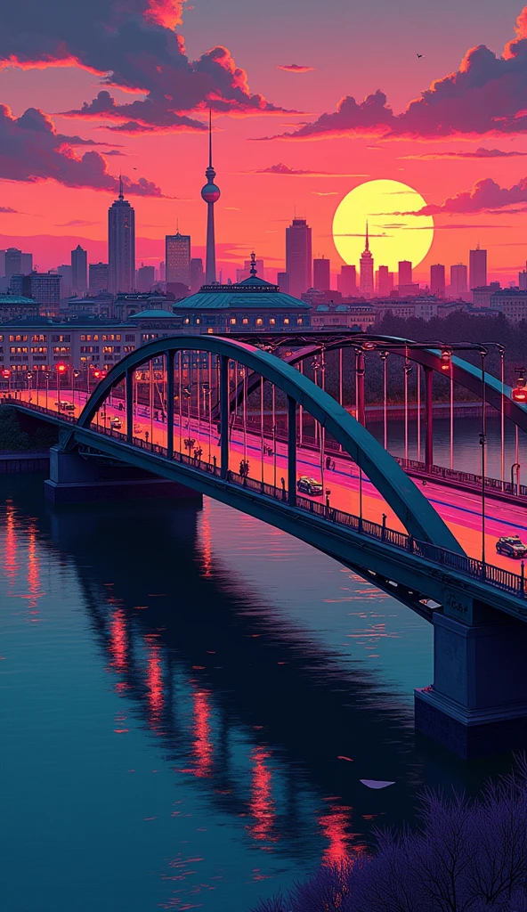 when sunset is coming, Oberbaum Bridge berlin with beautiful view, with the big bridge - far bird view, rendered with detailed comic cartoon style, neon lights, miami vice vibes