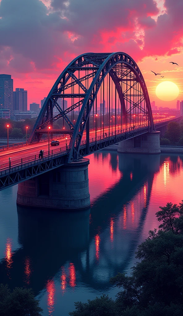 when sunset is coming, Oberbaum Bridge berlin with beautiful view, with the big bridge - far bird view, rendered with detailed comic cartoon style, neon lights, miami vice vibes
