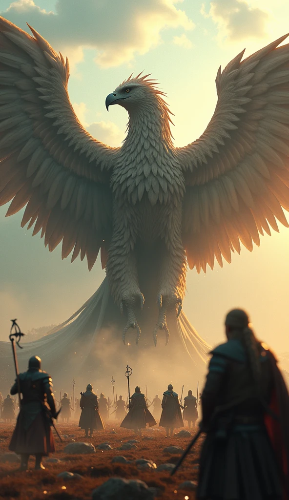 Huge and mighty griffin stand over small people, army of warriors, fantasy, High Resolution, Masterpiece, Wide Shot, panoramic, Blurry, Sparkle, Depth Of Field, Lens Flare, Ray Tracing, Cinematography, Photorealistic,