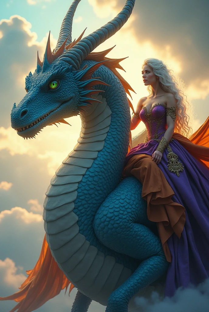 Woman in purple and orange medieval dress. Woman with silver-white wavy curly hair and dark violet eyes riding a saddle flying a light blue dragon, huge and fierce dragon in a sunny sky. 70 meter dragon. Dragon with green eyes. Zoom in on the woman. blue Dragon.