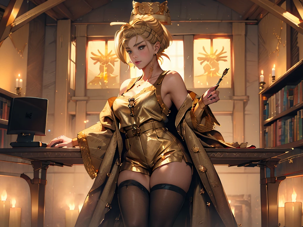 ((high detailed, best quality, 4k, masterpiece, hd:1.3)), ((best quality)), (((HD))), (((8k))), (ultraDH), (ultra HD), Queen Marika the Eternal, standing T-pose, bare feet, long ponytail golden blonde hair, golden colored eyes, small breasts, wearing Elden Ring crown, wearing tight Queen Marika Dress, holding Gavel, gorgeous curvatious feminine body, full-body picture, soft smile, juicy thick thighs out, (Queen Marika outfit:1.8), (divine hottie:1.5), (breasts focus), (golden blonde ponytail:1.8), (small breasts:1.3), (from front:1.3), (from abovee:1.1), (shoulders out:1.3), (thighs out:1.3), (breast out:1.3), (off shoulder:1.2), (heavy colorful makeup), (perfect hands, perfect anatomy), Altus Plateau from Elden Ring, Erdtree in Background