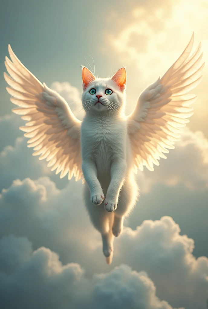 Short-haired white cat with light blue eyes with angel wings in the sky, orange details on the face, adult cat.