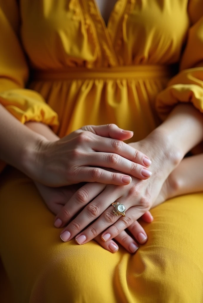 Photo of grandma&#39;s hands, mother and daughter on top of each other, and all on top of a yellow linen dress.