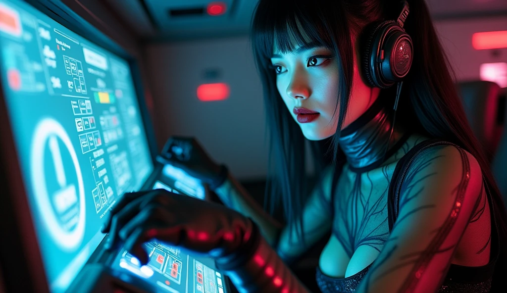 gundamwingcockpit, futuristic, scifi, plugsuit, transparent latex, goth, dark lips, large breasts, solo, black hair, gloves, g0thicPXL, dutch angle, smirk, controls, joystick, holographic interface, technology, close up, glowing, neon