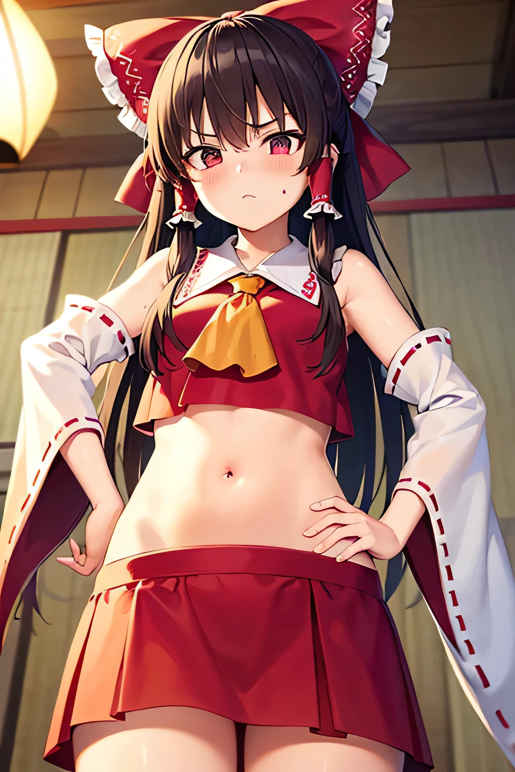 super fine illustration, vibrant colors, masterpiece, sharp focus, best quality, depth of field, cinematic lighting, ultra detailed, belly, belly button, bellybutton, navel, tummy, shrine maiden, hakurei reimu, 1girl, hair bow, ascot, hair tubes, detached sleeves, looking down, red shirt, red skirt, long skirt, very long hair, dark brown hair, mature woman, hakurei reimu, 1girl, hair bow, ascot, hair tubes, miko, detached sleeves, Reimu Hakurei, indoors, fist on hip, chestnut mouth, annoyed, midriff