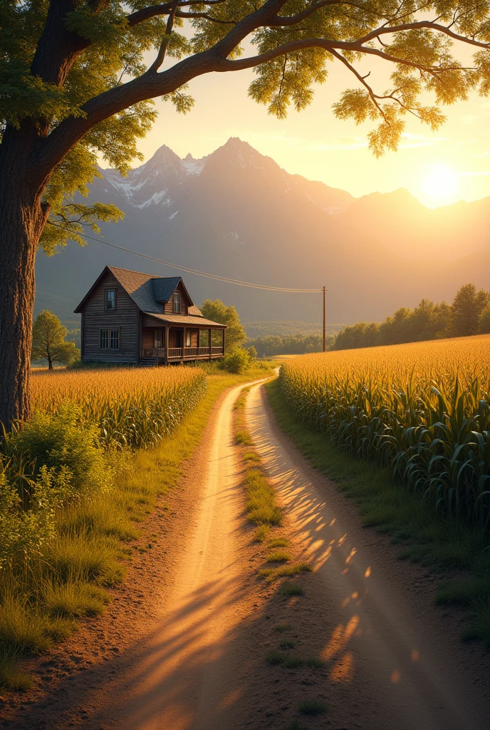 A winding dirt road leads through a field of tall corn stalks towards a rustic farmhouse nestled in a valley, with a majestic mountain range in the background, bathed in the warm glow of the setting sun. [Photorealistic painting, in the style of Thomas Kinkade], [wide-angle lens, soft focus, warm color palette, golden hour lighting, dappled sunlight, realistic textures, detailed rendering