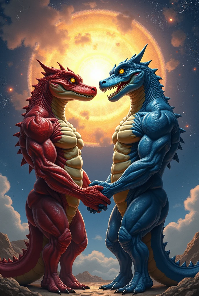 A muscular red male alligator humanoid with yellow eyes and a muscular blue male lizard humanoid with yellow eyes are holding hands and the two seem to like each other and in the background there is a scene of cosmic war.. 