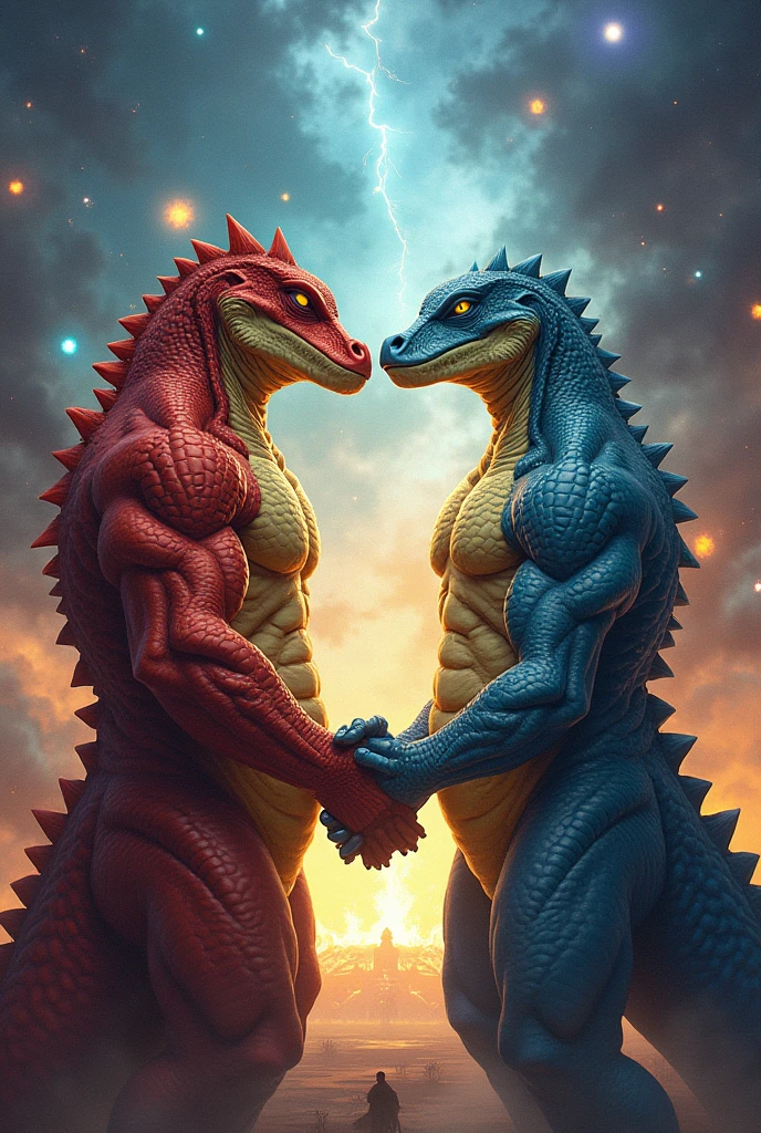 A muscular red male alligator humanoid with yellow eyes and a muscular blue male lizard humanoid with yellow eyes are holding hands and the two seem to like each other and in the background there is a scene of cosmic war.. 