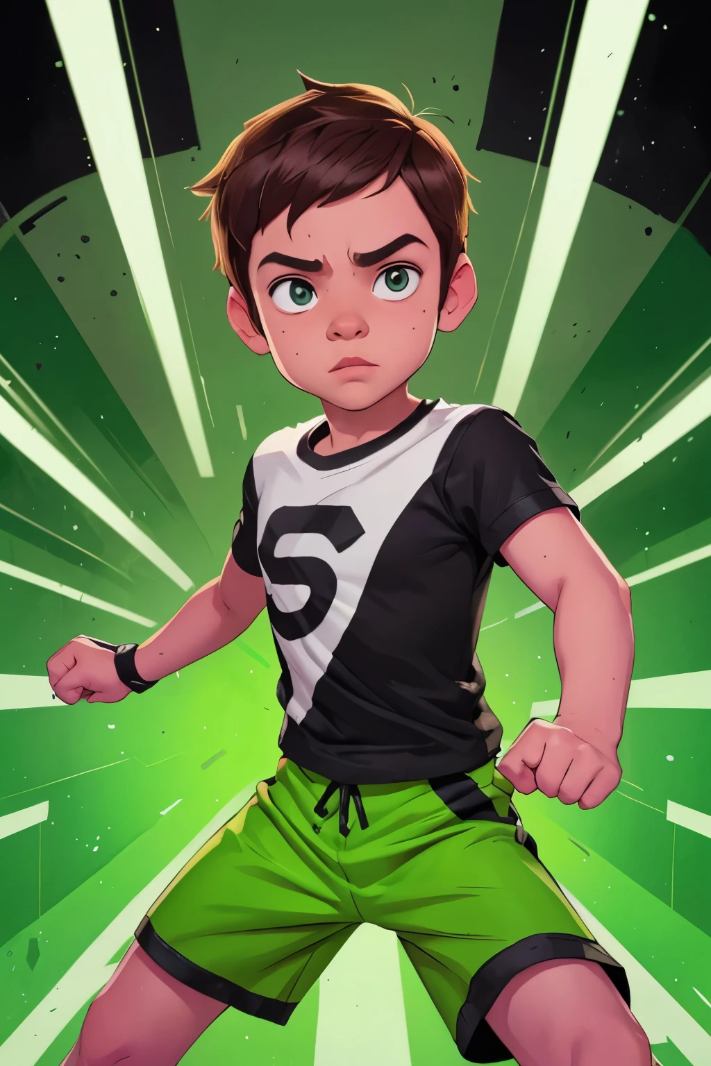 Movie poster, Ben 10 ((, 4yo )))earing a white outfit with (((black stripe in the center of t-shirt ))) , large Green pants, showing fist. Machine on fist . ((Action facial expression )) . highy detailed, face detailed, realisitic, cinematic lighting, studio quality, proffesional, face detailed, intrikate, bright coloured. ((Comic background)).