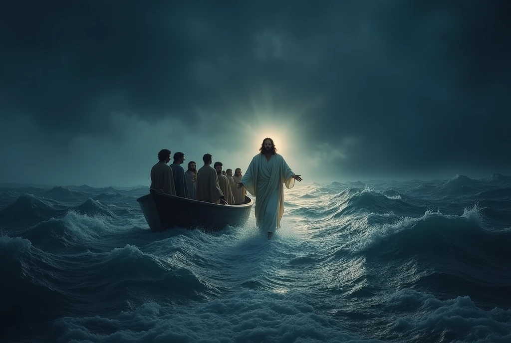 "A dramatic scene on the Sea of Galilee at night, with the disciples in a small boat, battling strong winds and choppy waves. The water around the boat is turbulent, reflecting the dark, stormy sky. At the center of the scene, Jesus He walks on the water with a calm and serene expression, his robe flowing gently in the wind. His radiant figure contrasts with the darkness around him, illuminating the path with a soft light. amazement and awe, as Peter, at the front of the boat, begins to reach out to approach Jesus. The scene captures the miracle and faith that defies nature."
