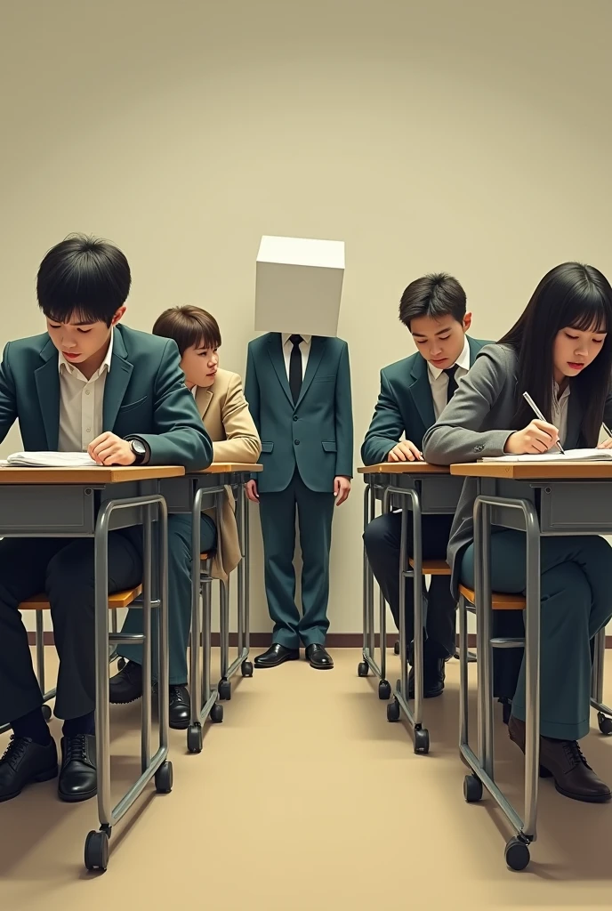 A row of 4 people sitting taking a test while one with a square head with no face and no hair tries to cheat
