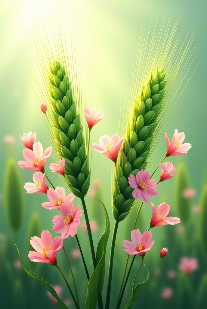 Create a two wonderful  green grains branch and some pink flowers 