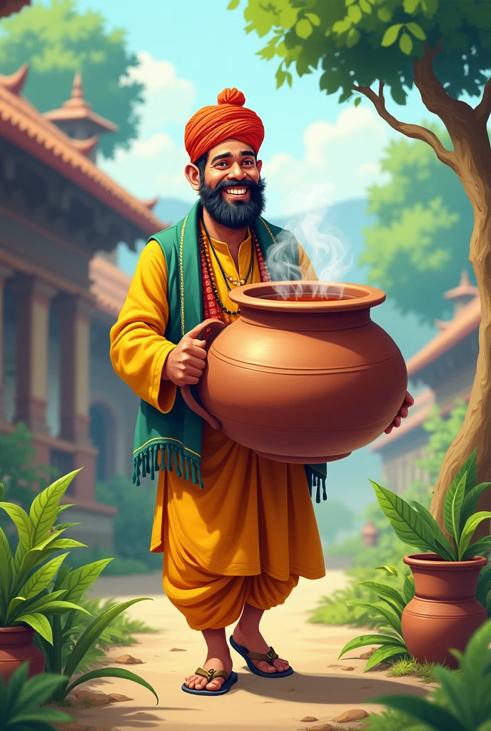 Hello I want to create funny ai photo where Nepali man wearing cultural dress will be carrying Chiya in big matka cup with laugh