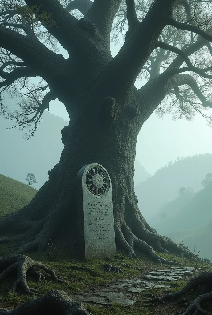Create a large tree with a tombstone in front