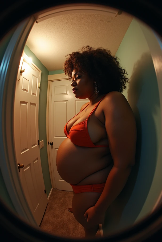 Pov close up fisheye camera view when you are trapped in a small room and when Cardi B's plus size fat mother approaches you wearing a bikini with a big belly when she is 9 months pregnant accompanied by bright lights. Hd 14K, Photorealistic, iphone camera style, highly shapering, high detailed, masterpiece, fujifilm