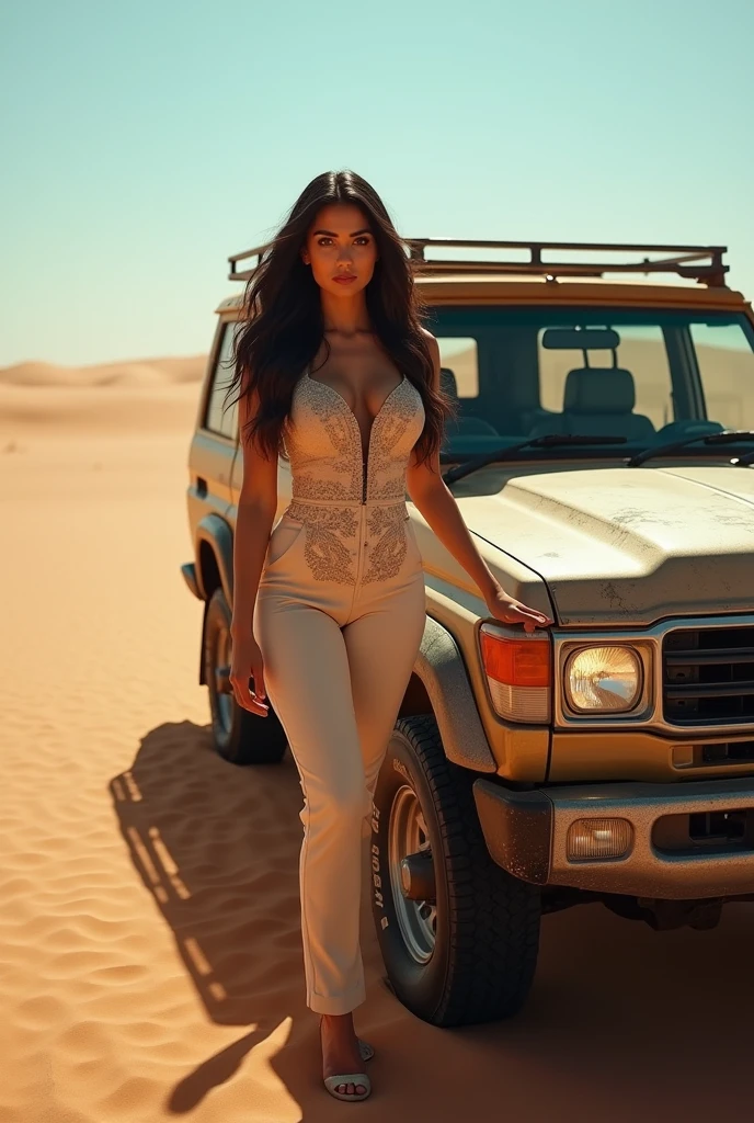 Himanshi khurana posing with land cruiser in desert